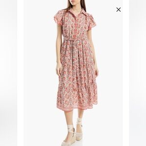 Floral Button-Front Midi Dress in Coral